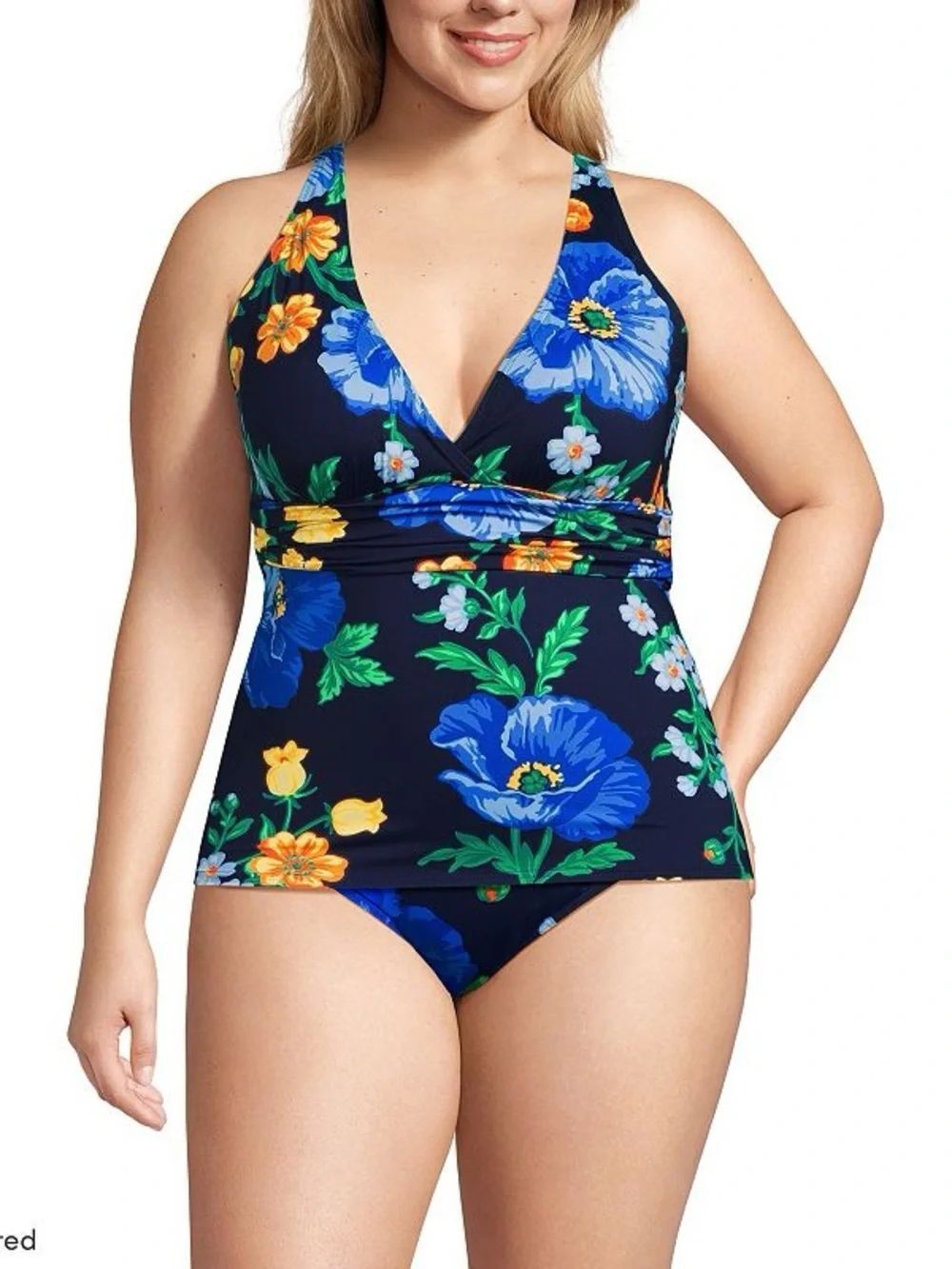 Lands' End Plusplunge multi floral X back tankini top navy poppy floral XL 18D